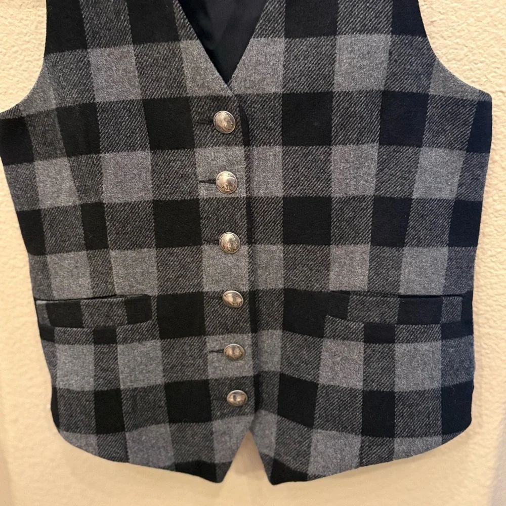Vintage KAREN KANE Black Gray Wool Blend Silver Button Design Checkered Vest-XS